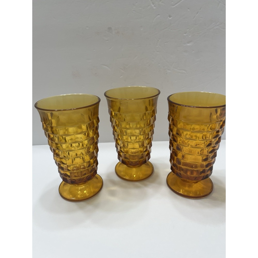 Vintage Indiana Glass Whitehall Colony Amber Cubist Pattern Set Of 3 Footed 6"